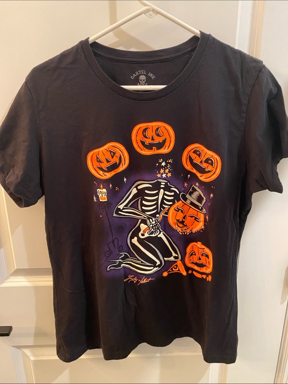 Women 2XL Graphic Halloween Skeleton & Pumpkins Tee - Black & Orange